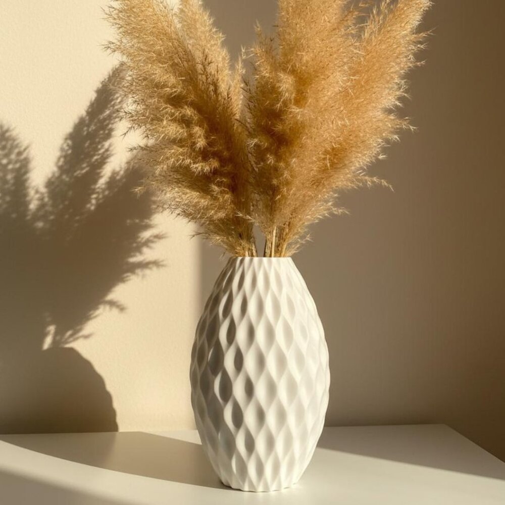 3D Printed Honeycomb Textured Vase – Tall White Geometric Pampas Grass Vase | Mo